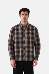 Navy beige plaid shirt full front