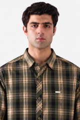 Olive and beige checkered shirt close-up