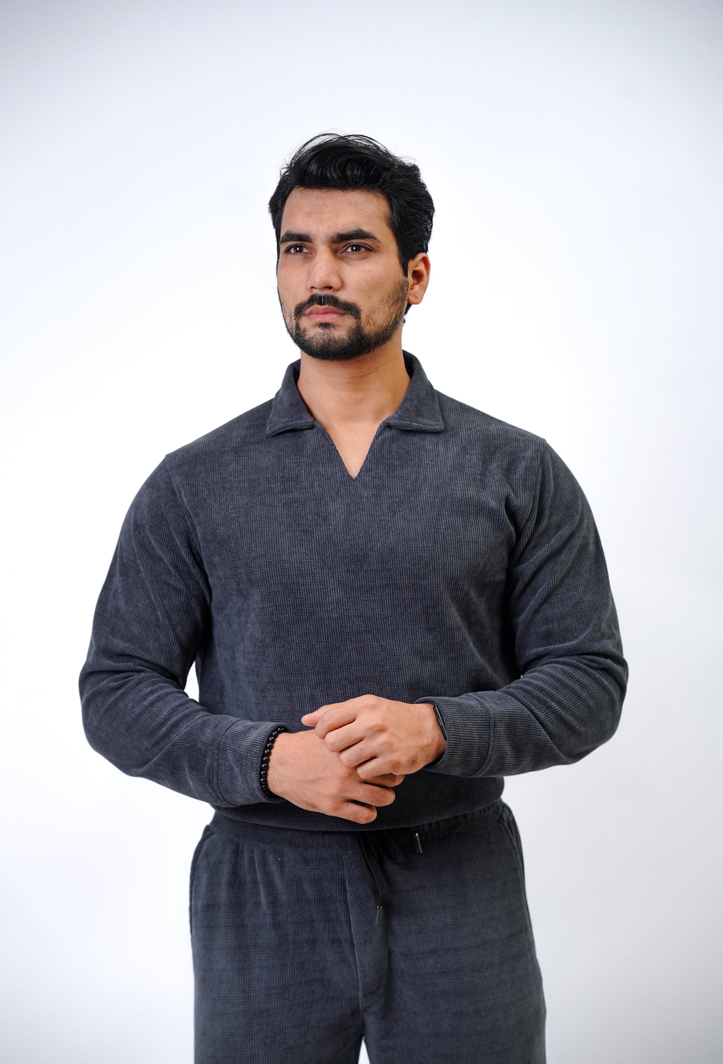Men’s Long-Sleeve Knit Polo Shirt – Charcoal