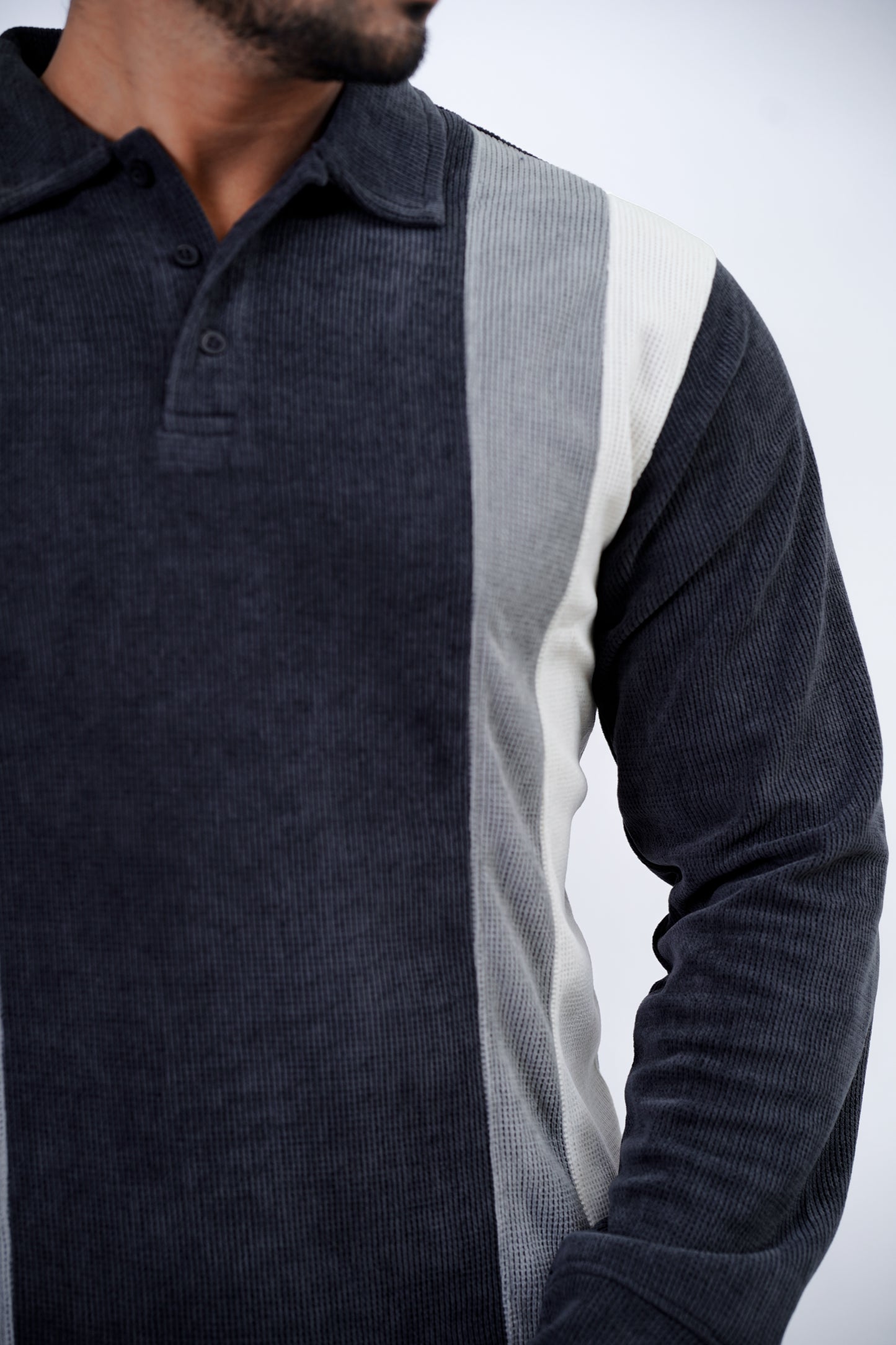 Men's Long-Sleeve Block Stripe Knitted Polo – Charcoal