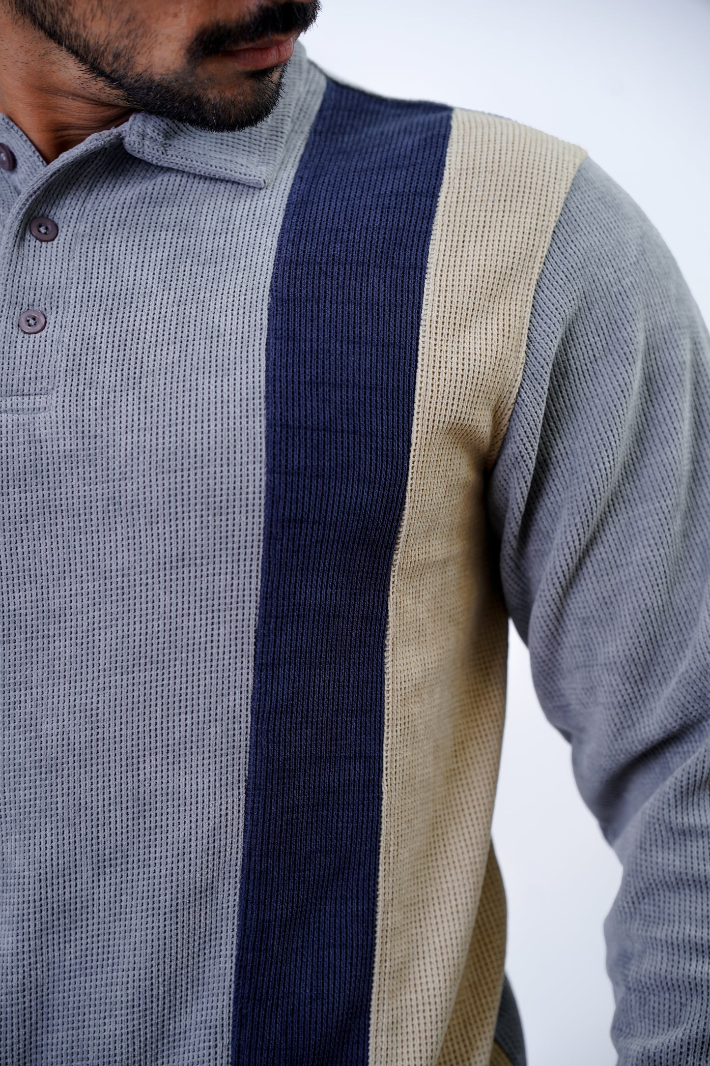 Men's Striped Knitted Long-Sleeve Polo – Light Grey