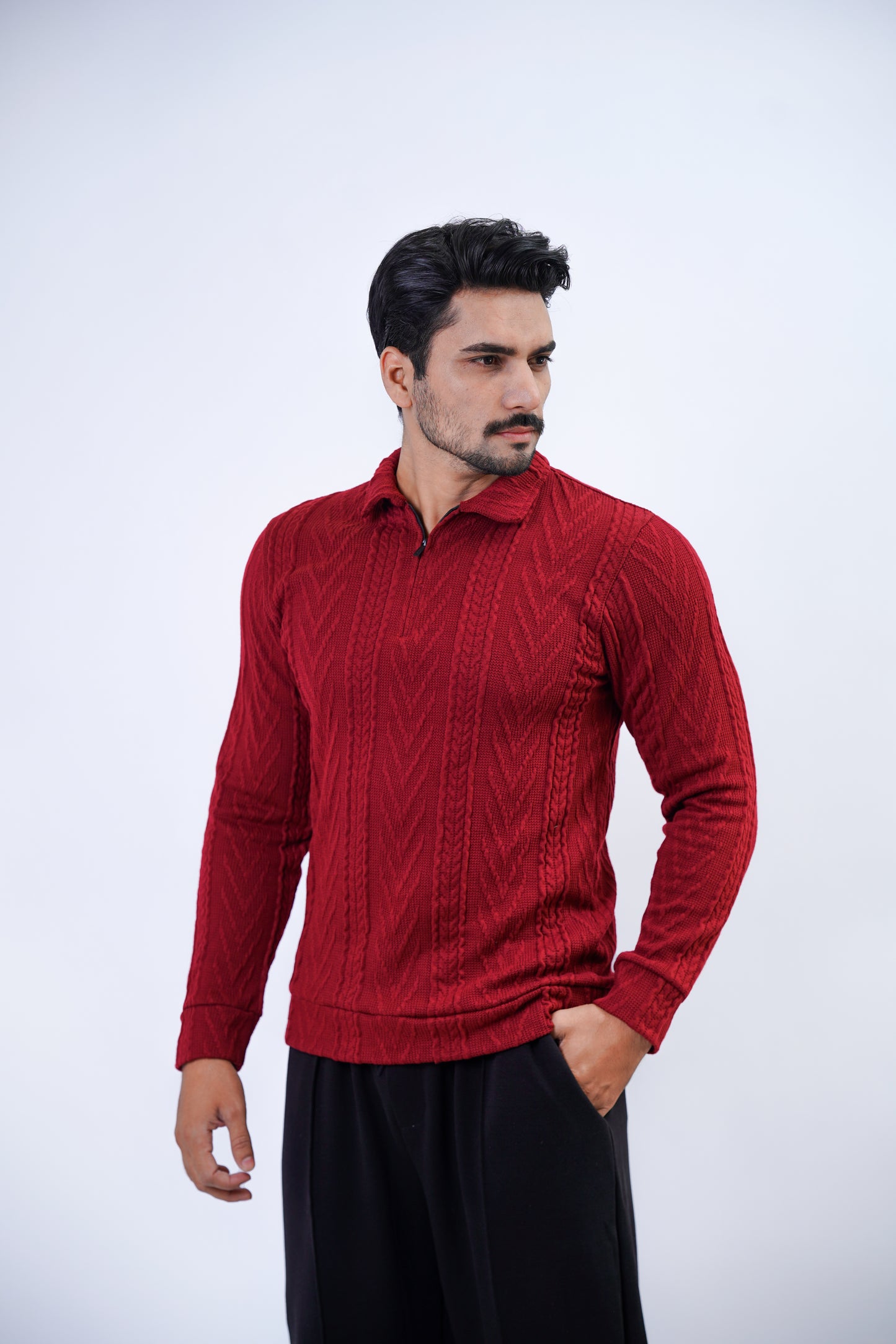 Men’s Textured Knit Polo Sweater – Red
