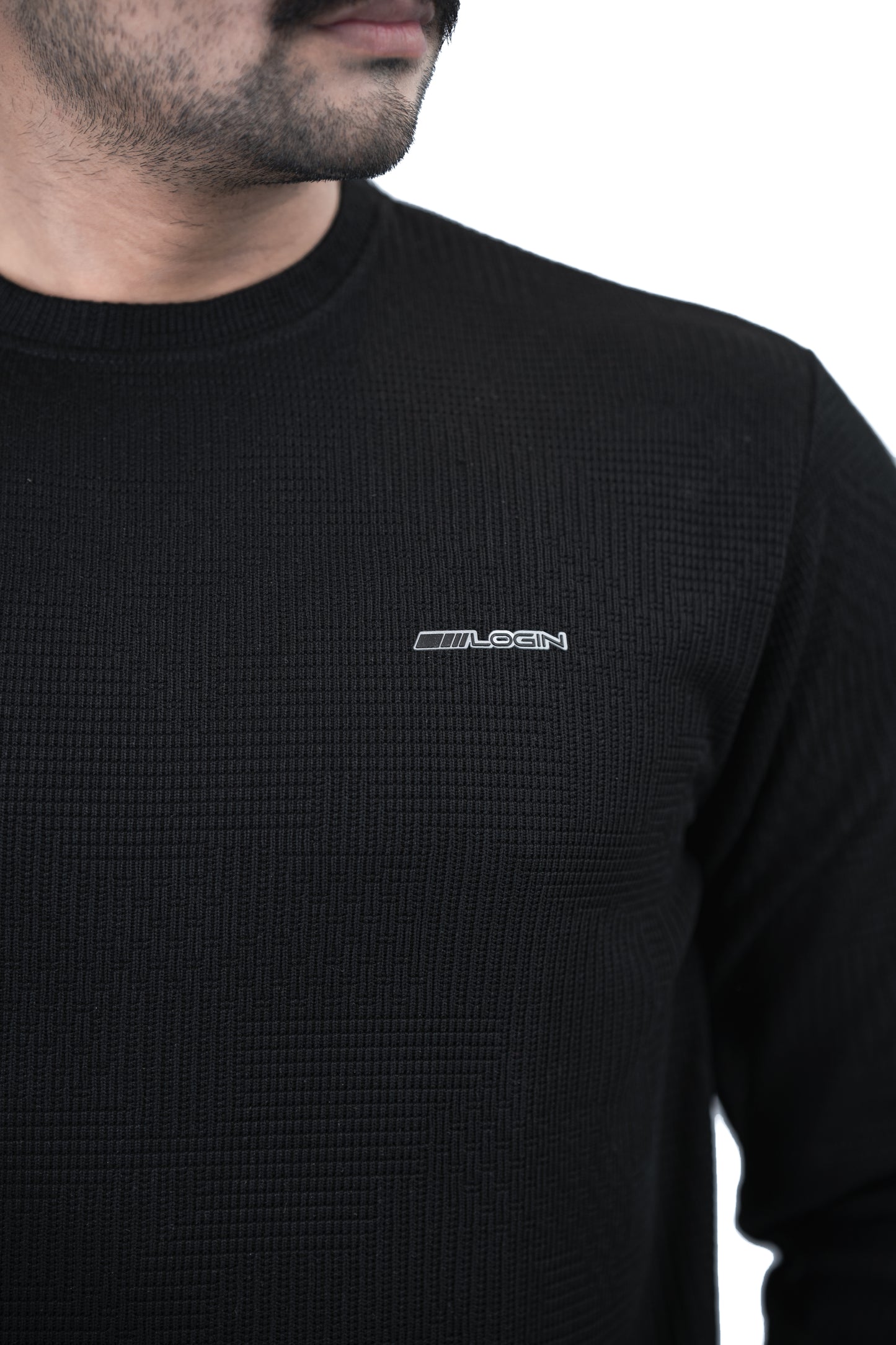 Men’s Textured Waffle Knit Crewneck – Black