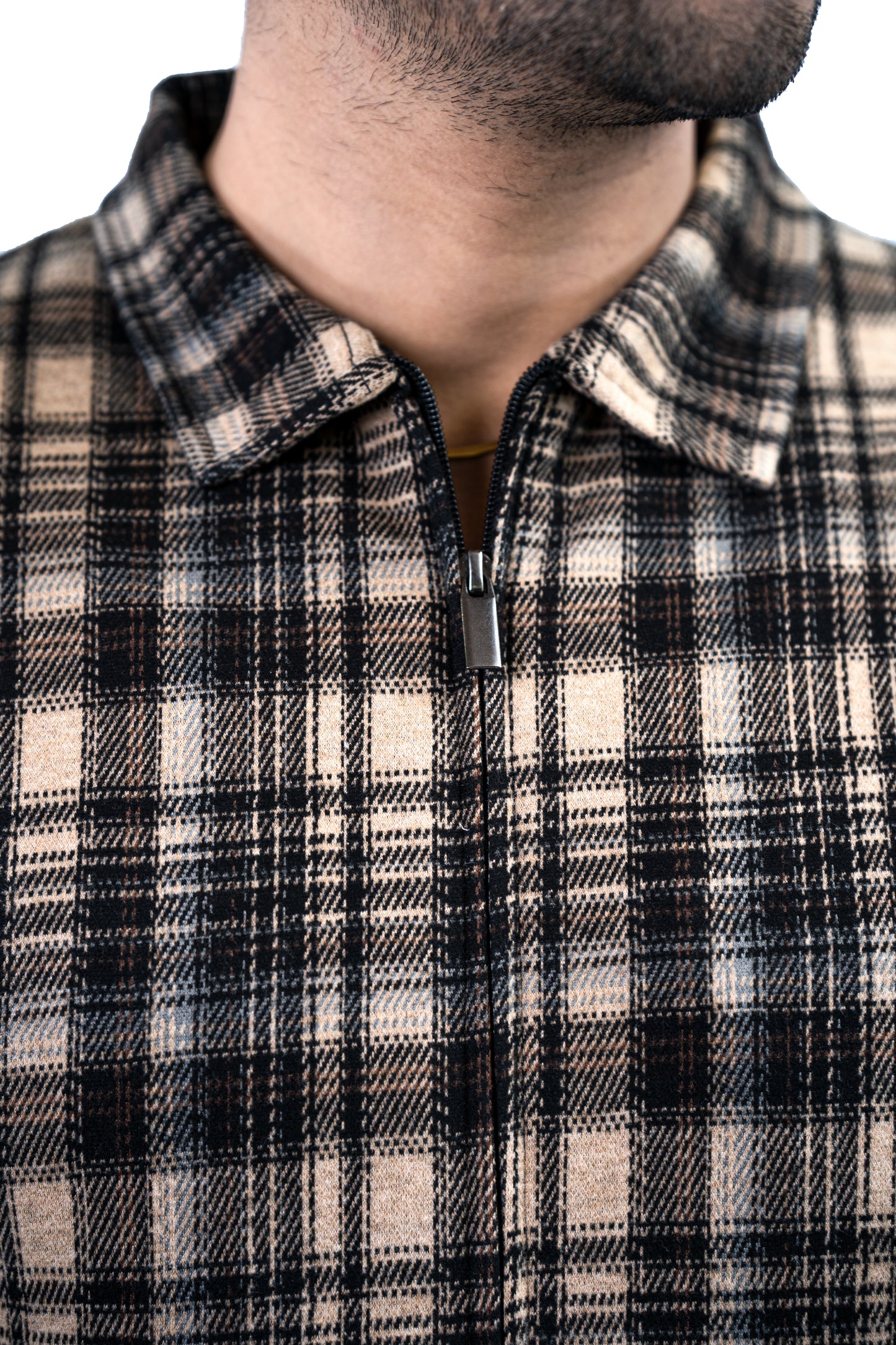 Men’s Checkered Zip Jacket – Beige Plaid