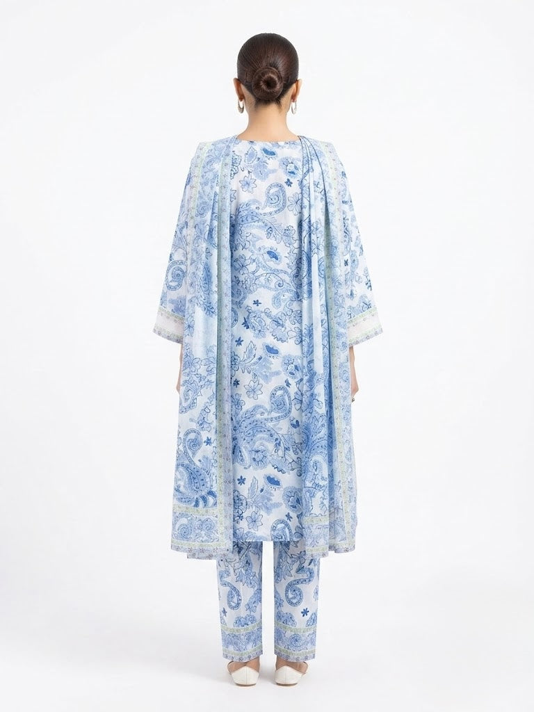 Elegant Sky Blue Floral 3-Piece Lawn Suit