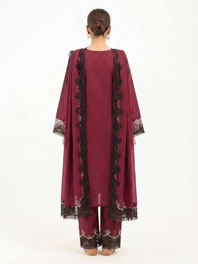 Luxury Maroon Embroidered 3-Piece Lawn Suit