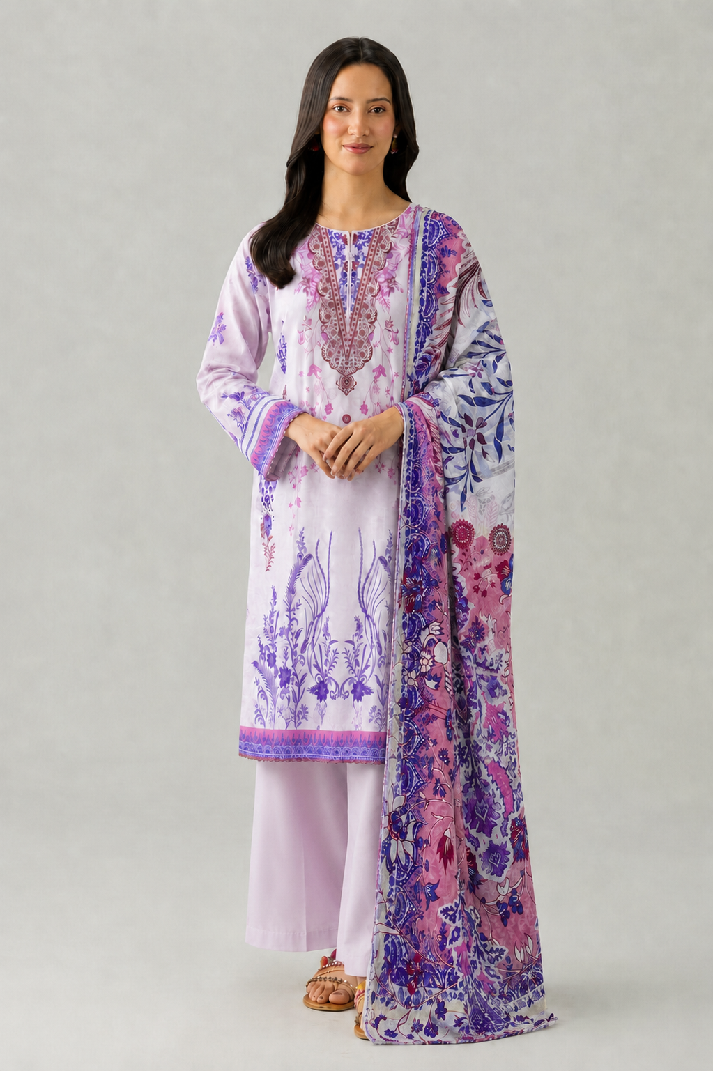 Basic Printed Lawn 3 PCS Suit Stitched Pink