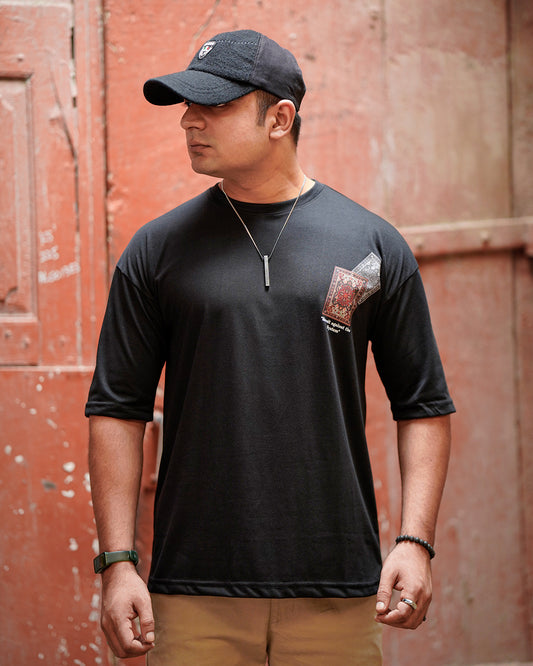 Login Drop Shoulder Black Printed T-Shirts