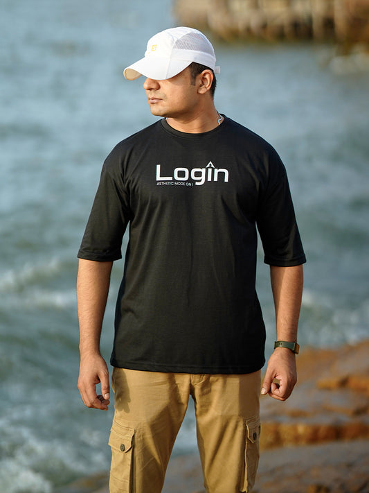 Login Logo Drop Shoulder Black Printed T-Shirts