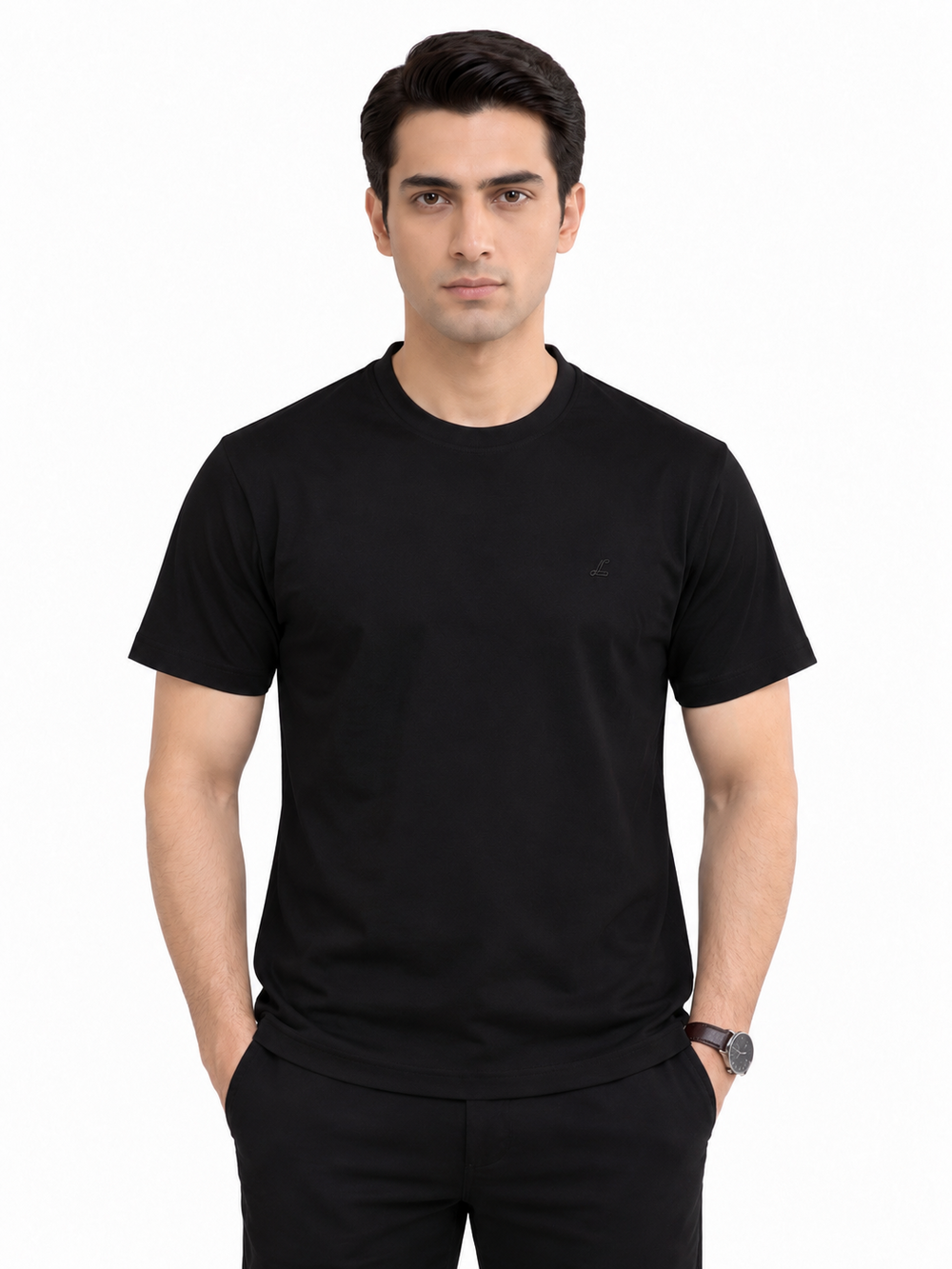 Black crew neck T-shirt front view