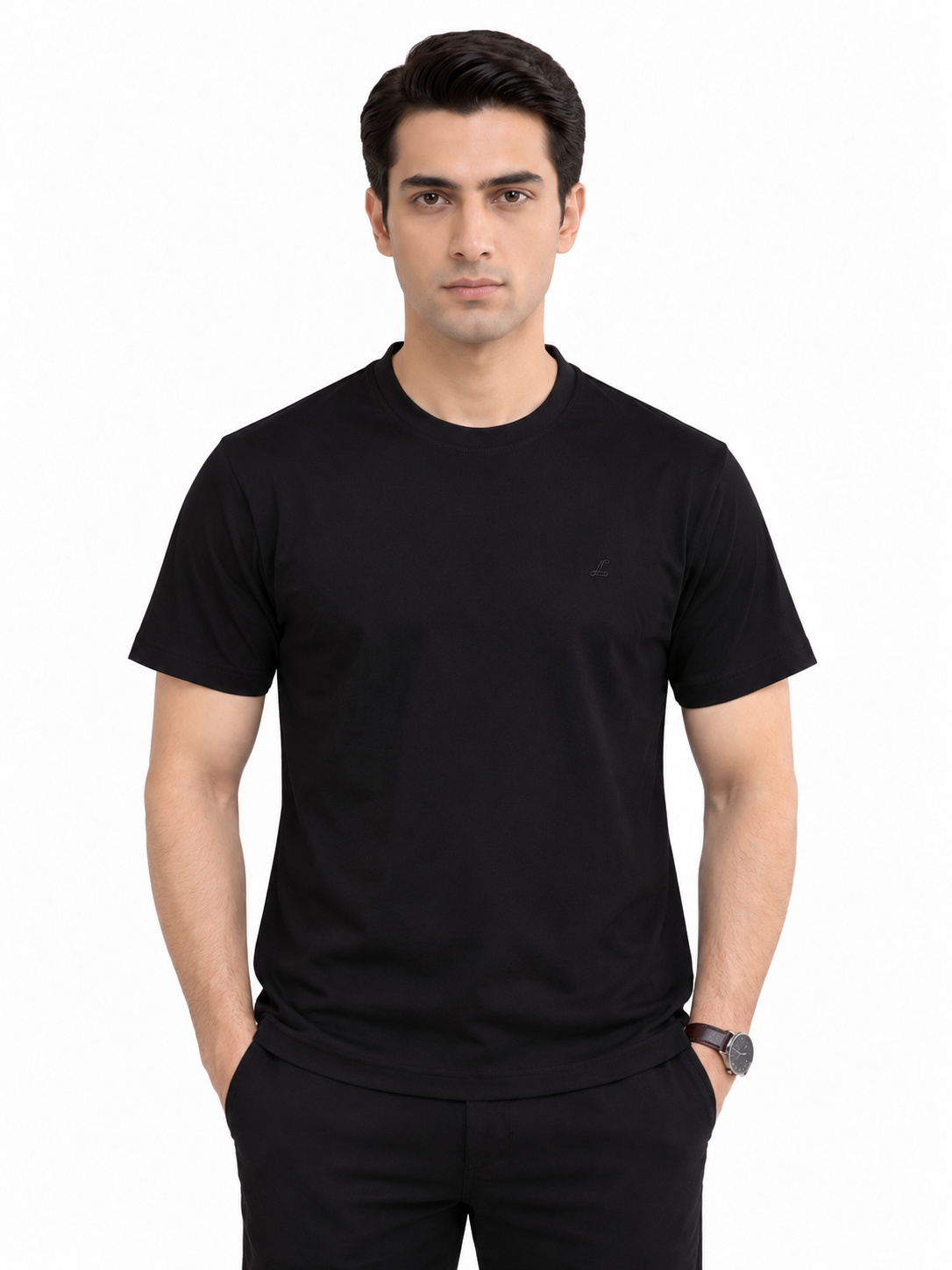 Black crew neck T-shirt front view