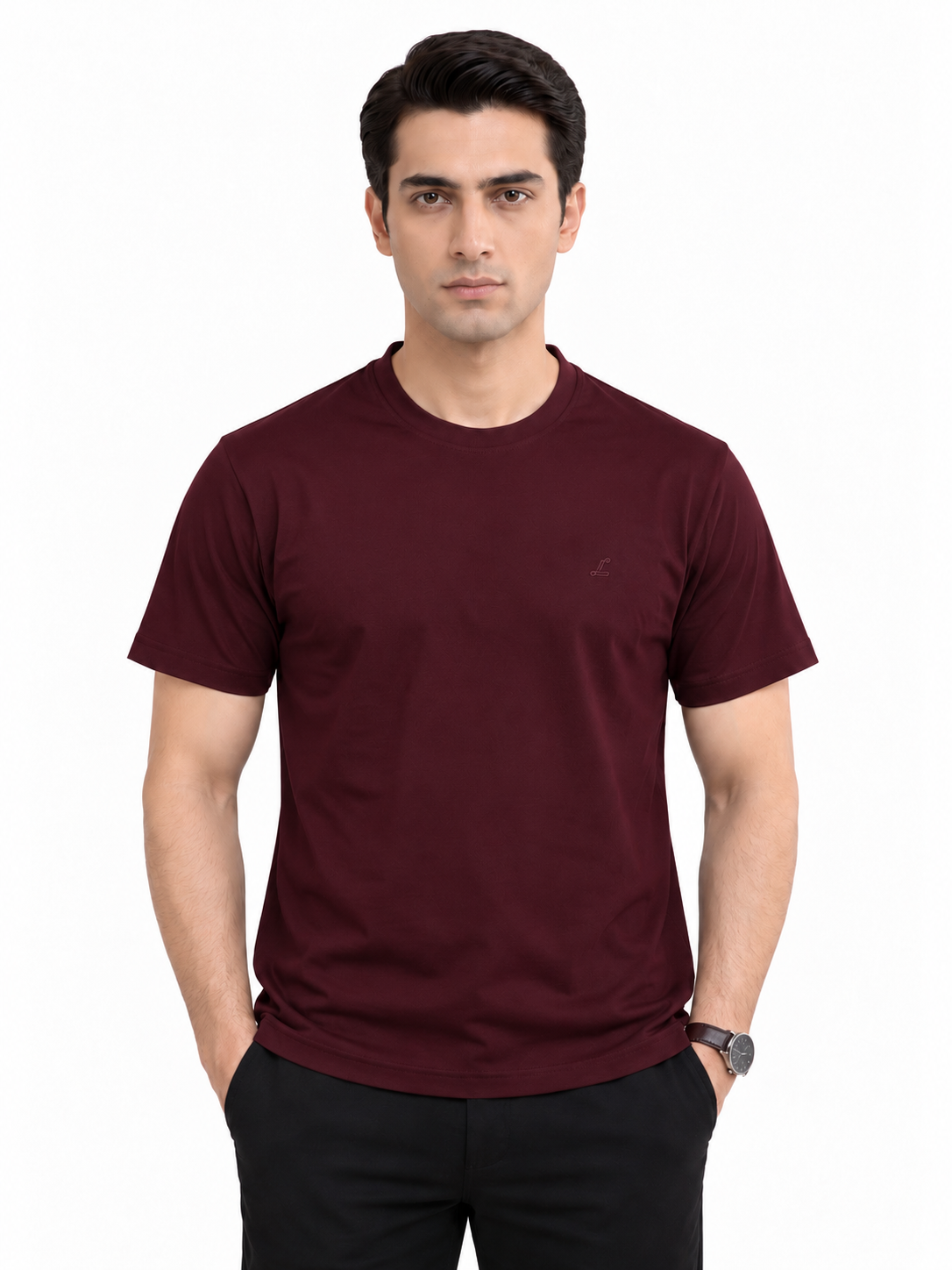 Burgundy crew neck T-shirt front view