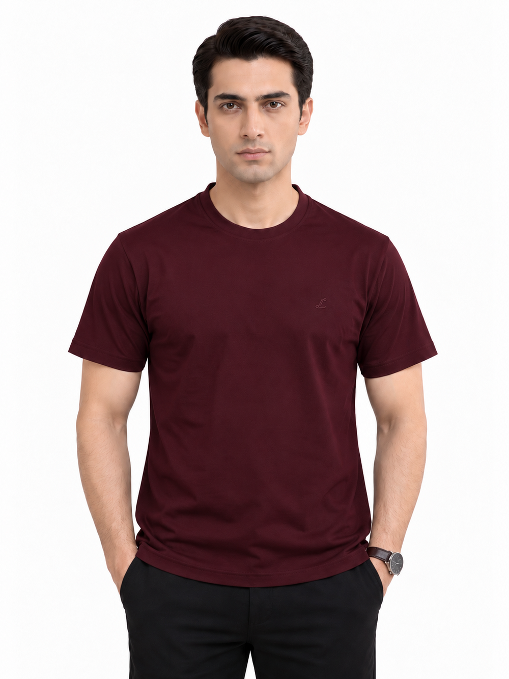 Burgundy crew neck T-shirt front view