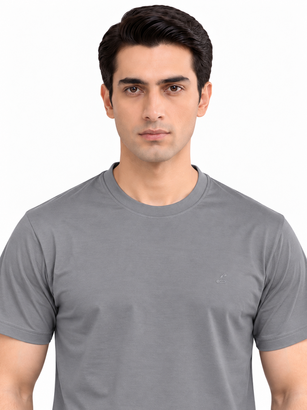 Grey crew neck T-shirt detail