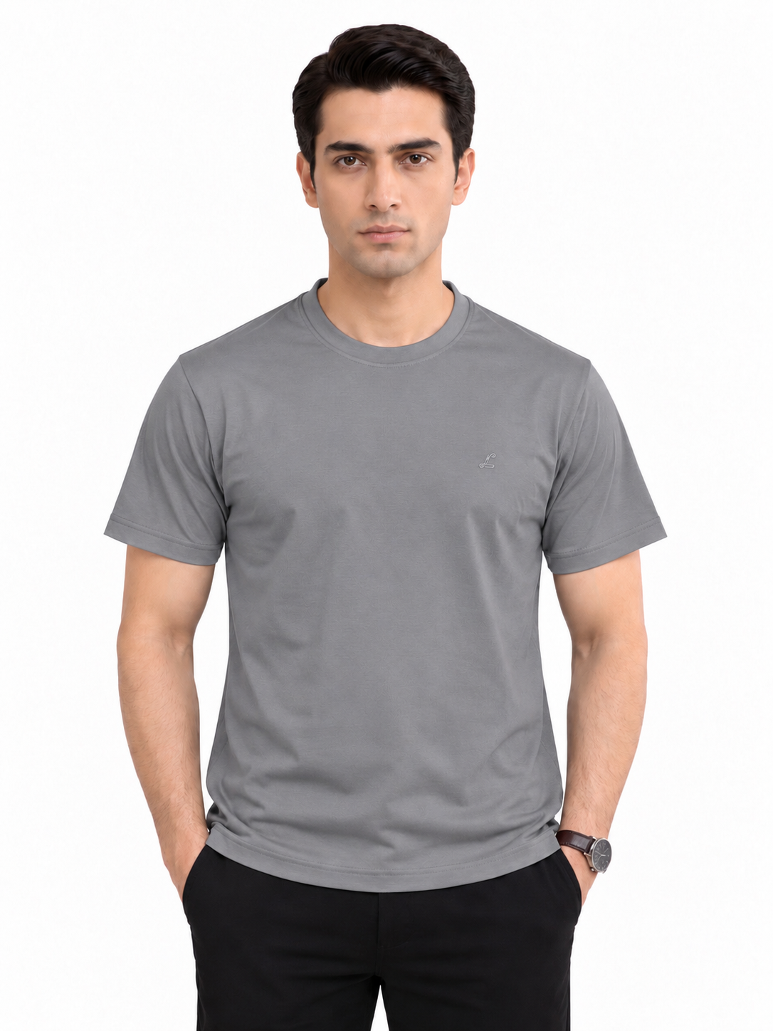 Grey crew neck T-shirt front view
