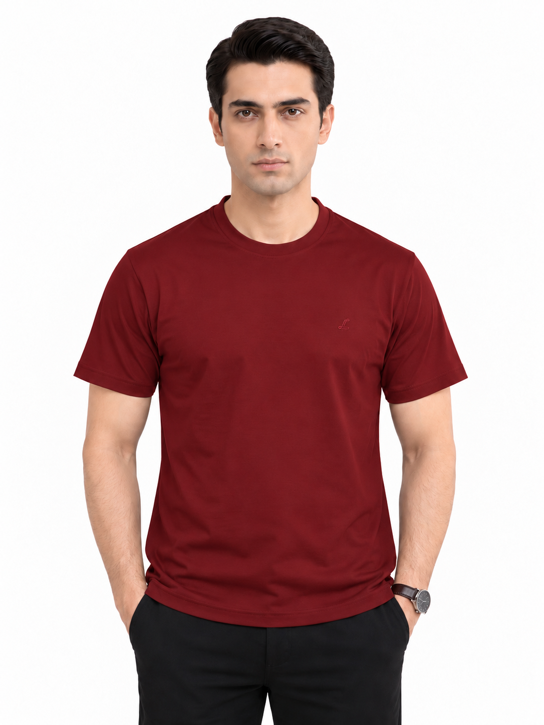 Maroon crew neck T-shirt front view