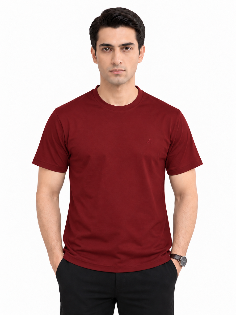 Maroon crew neck T-shirt front view