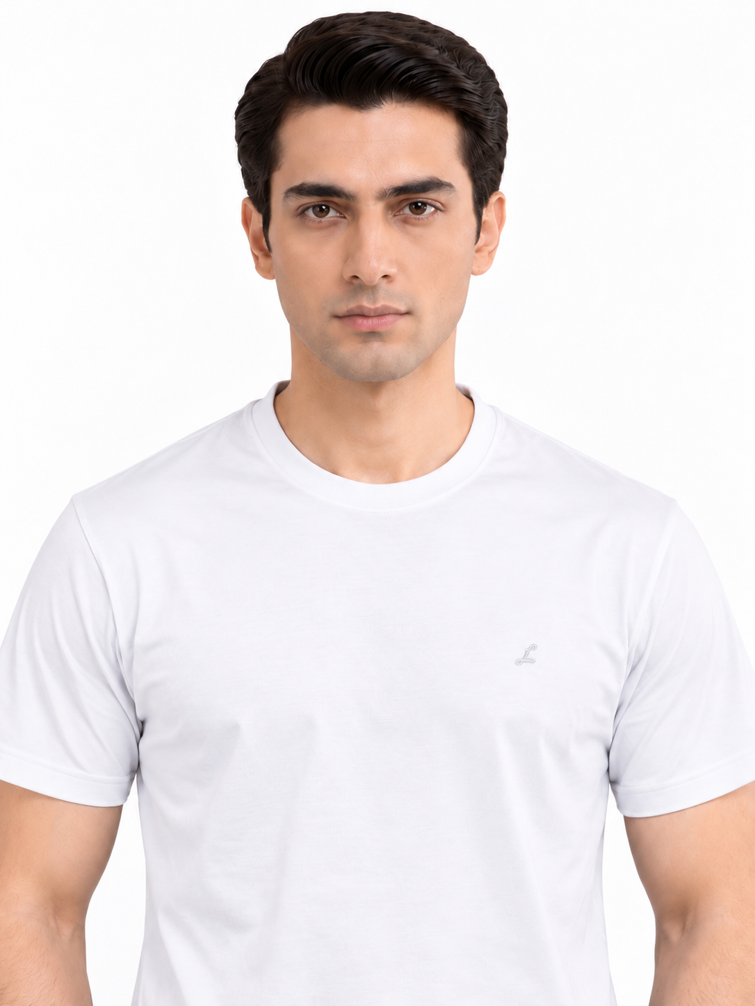 White crew neck T-shirt close-up of chest and collar