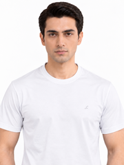 White crew neck T-shirt close-up of chest and collar