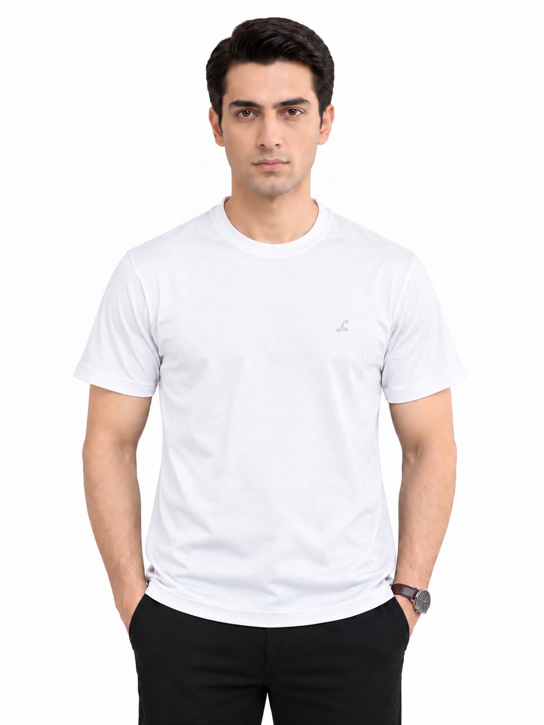 Classic white crew neck men's T-shirt front model view