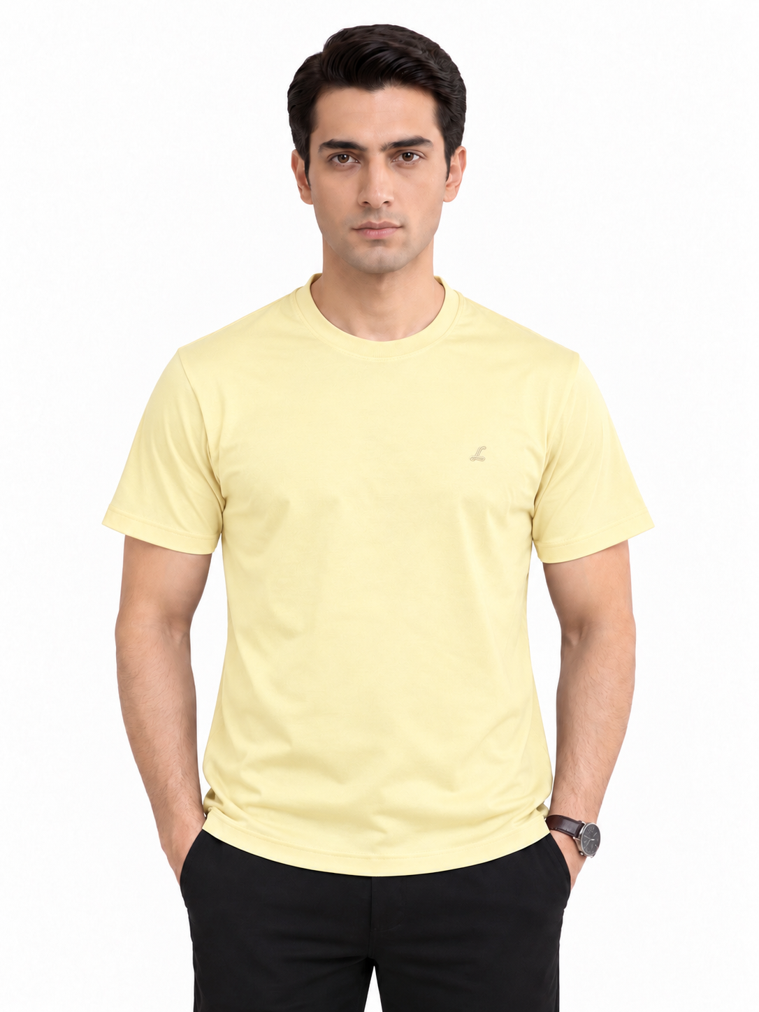Light yellow T-shirt full front model view
