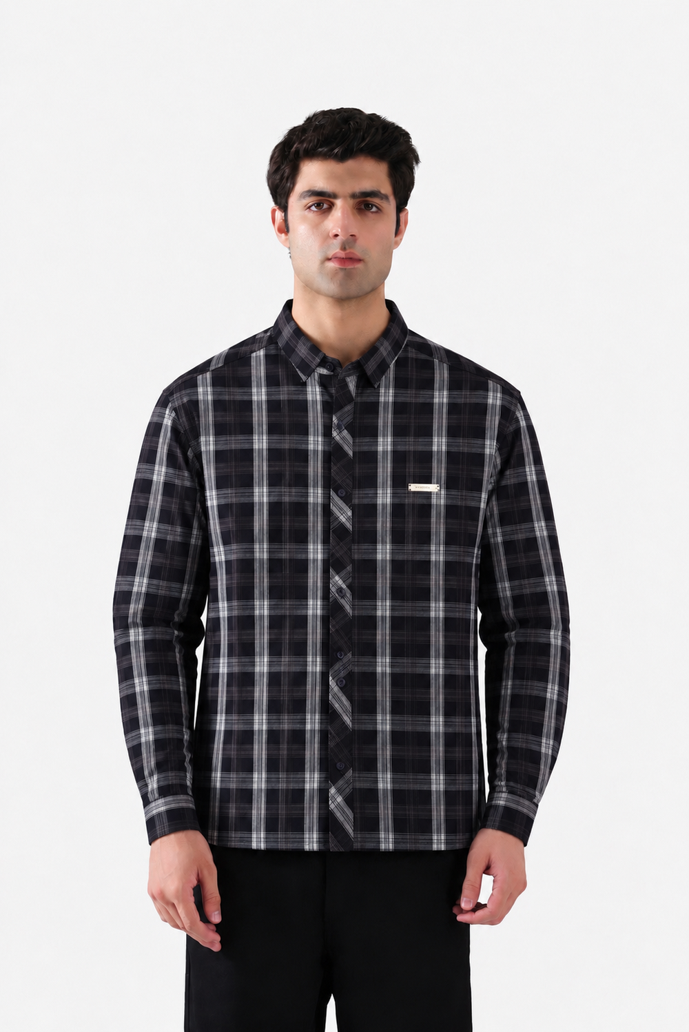 Black and grey checkered shirt full front view