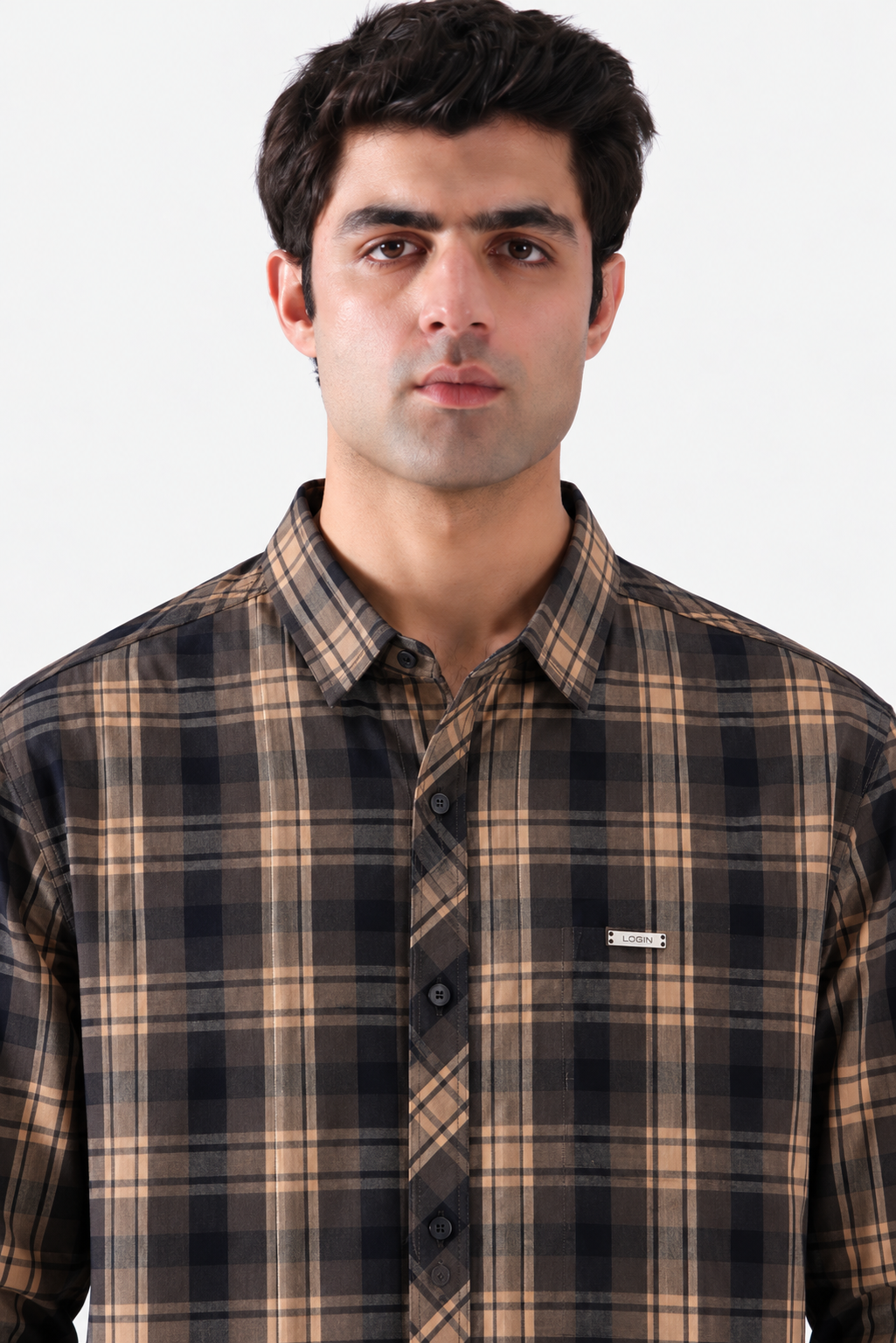 Navy beige plaid shirt closeup