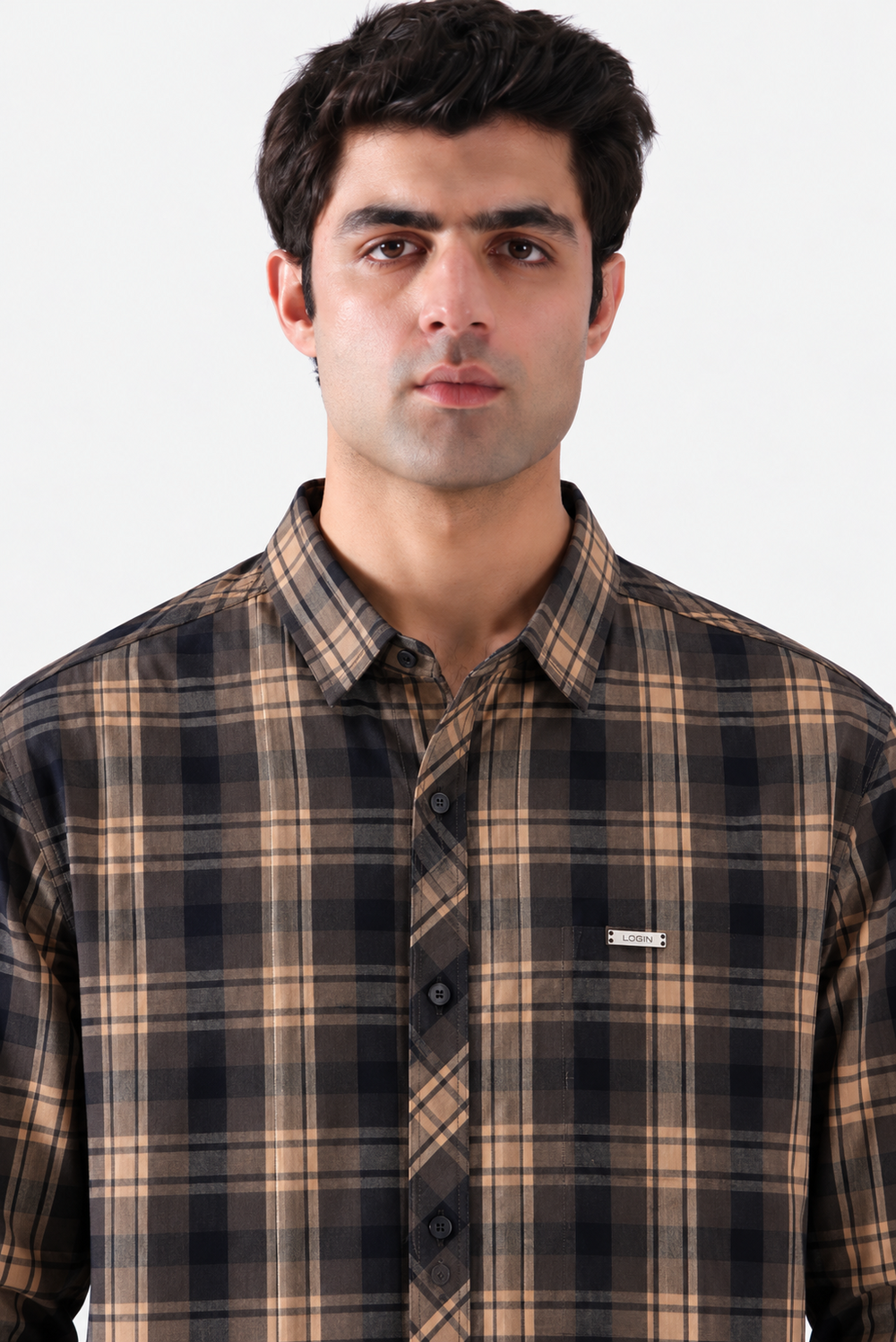 Navy beige plaid shirt closeup