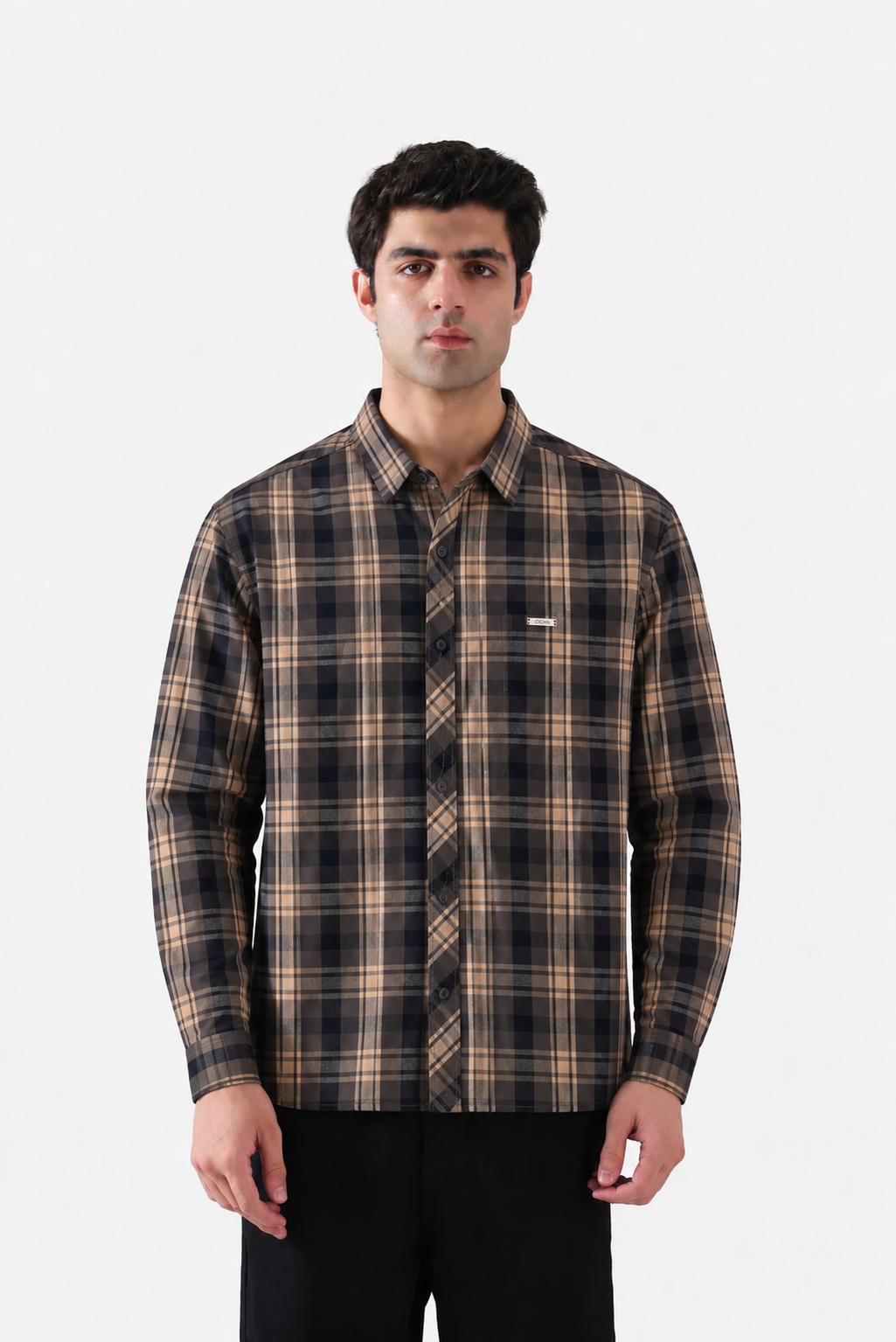 Navy beige plaid shirt full front