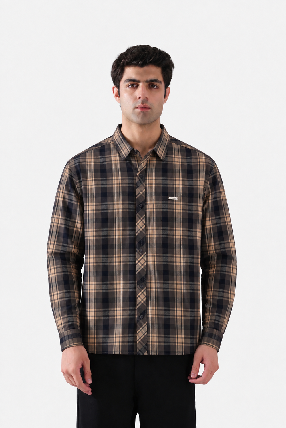 Navy beige plaid shirt full front