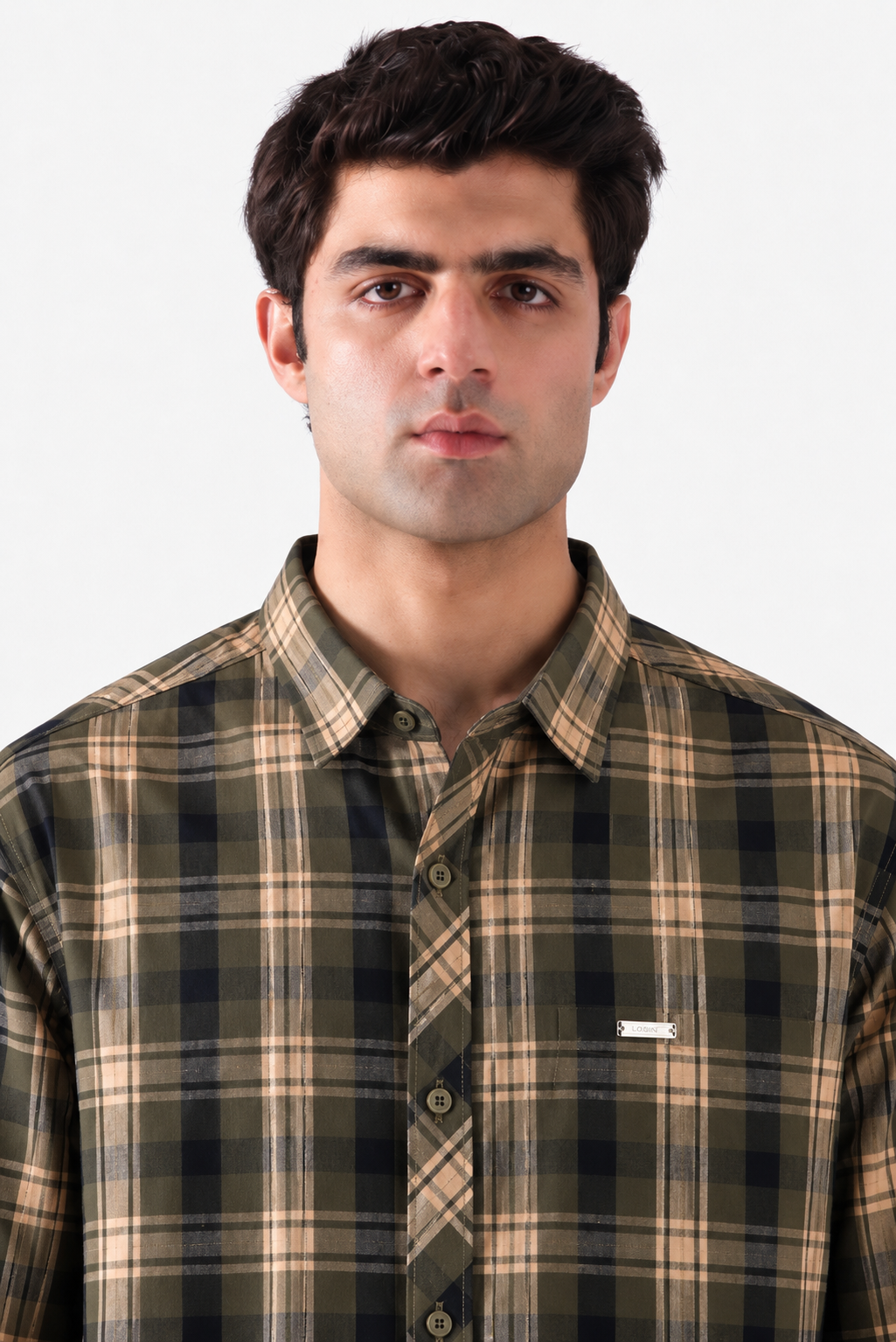Olive and beige checkered shirt close-up