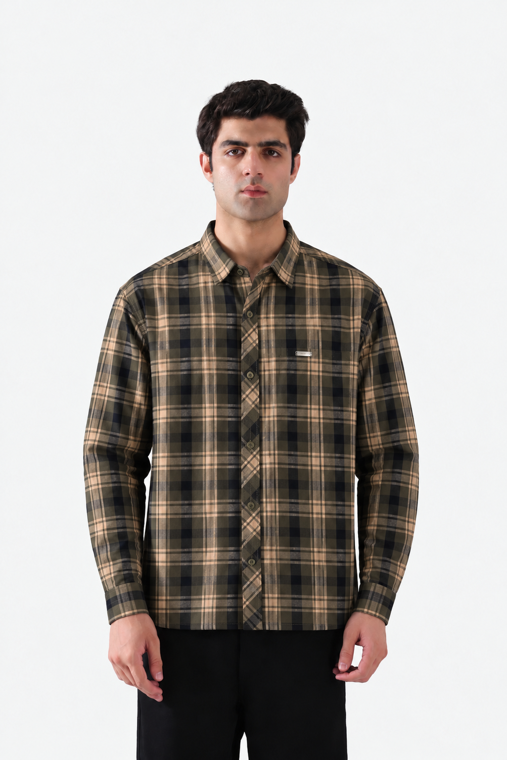 Olive and beige checkered shirt full front view