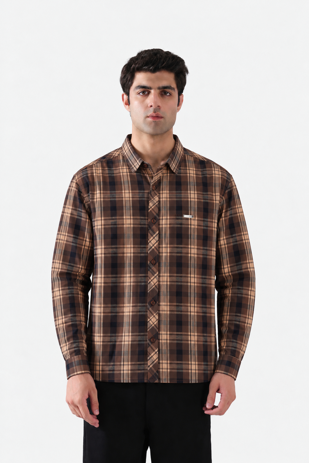 Tan and brown plaid men's shirt full front view