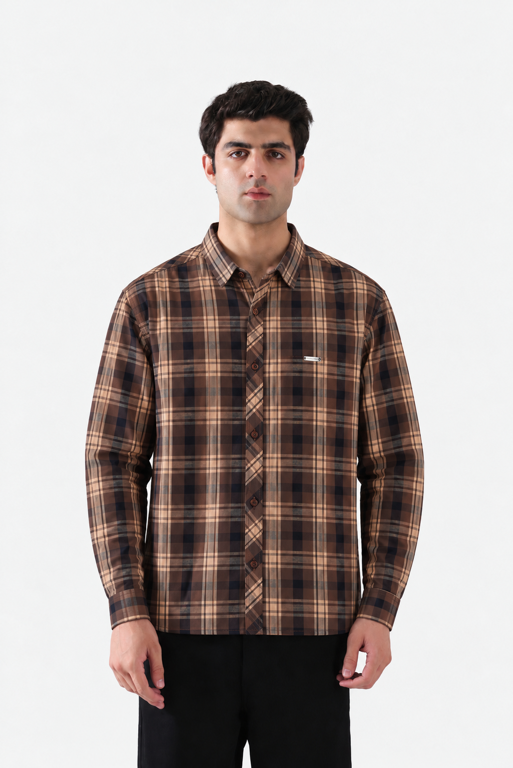 Tan and brown plaid men's shirt full front view