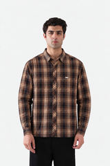 Tan and brown plaid men's shirt full front view