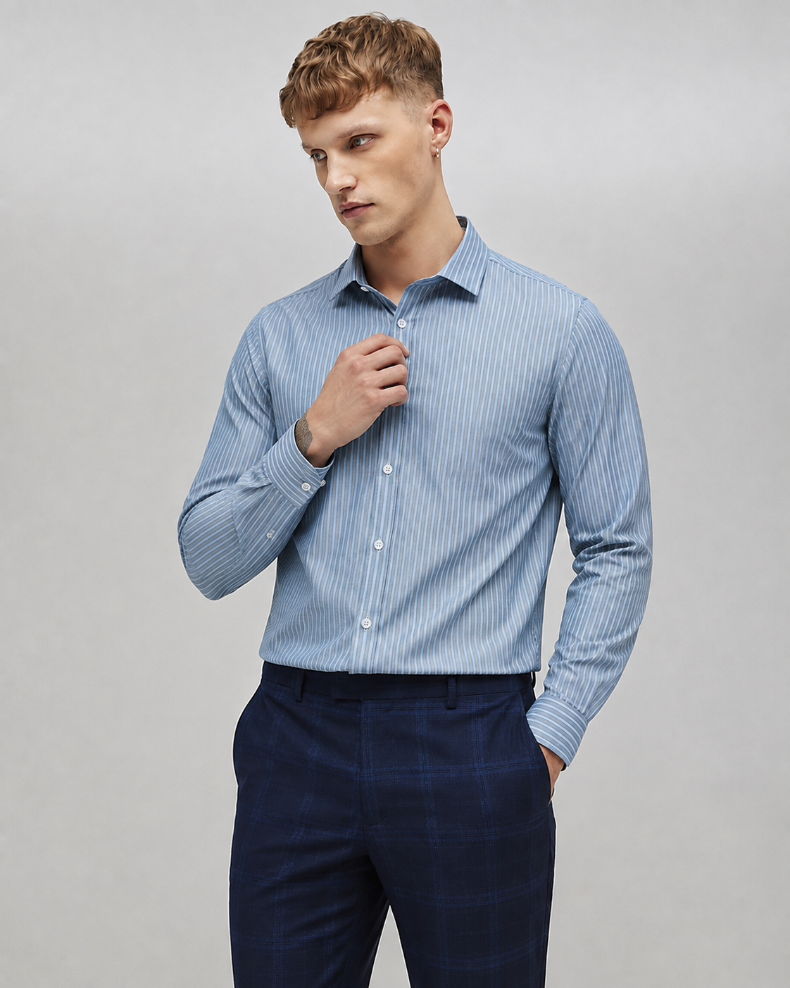 Men’s Light Blue Striped Formal Shirt – Full Sleeve