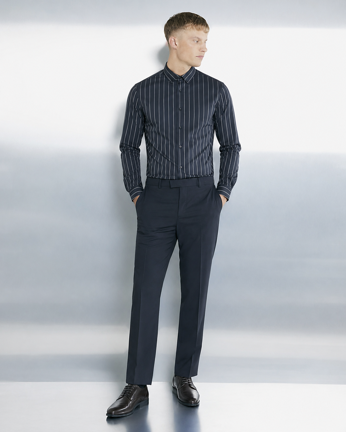 Men’s Navy Blue Striped Formal Shirt – Full Sleeve