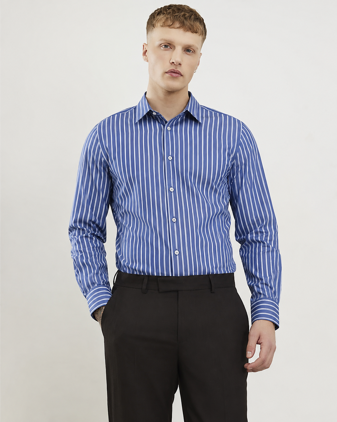 Men’s Blue & White Striped Formal Shirt – Long Sleeve