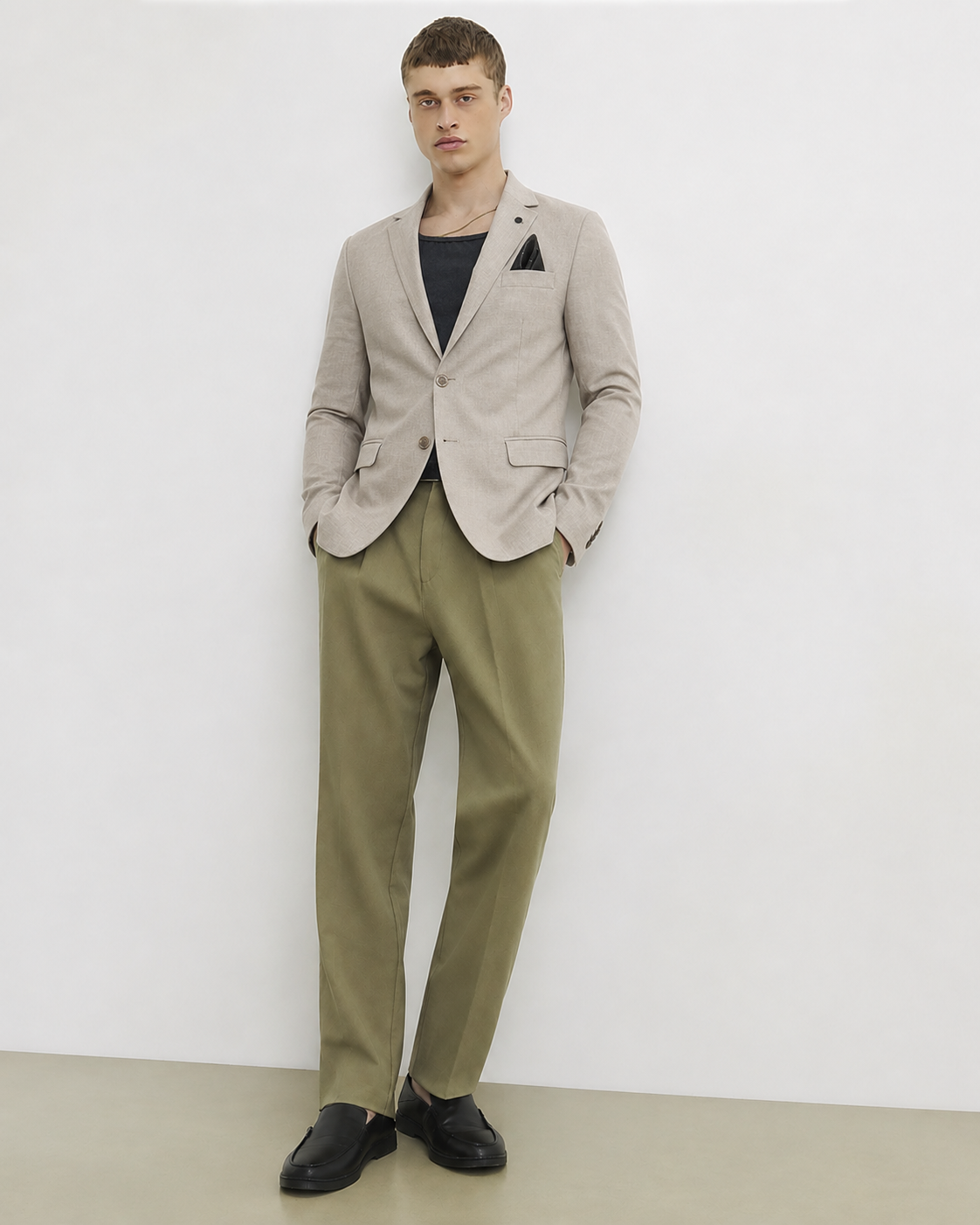 Beige Textured Slim Fit Blazer