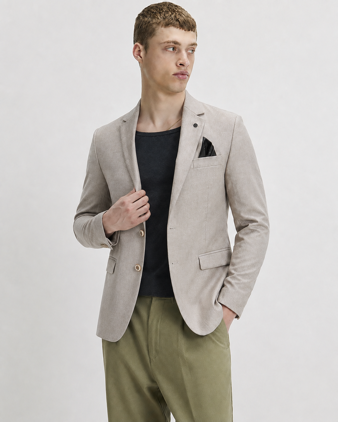 Beige Textured Slim Fit Blazer