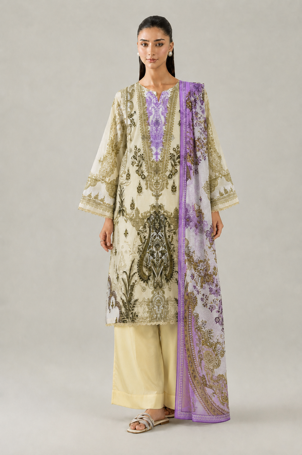 Basic Printed Lawn 3 PCS Suit Stitched Yellow