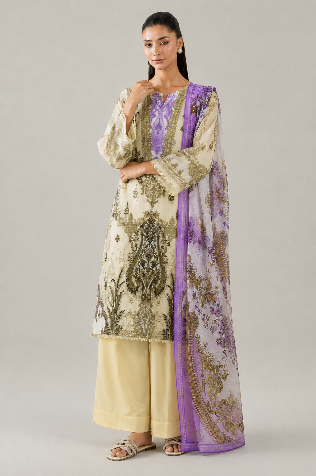 Basic Printed Lawn 3 PCS Suit Stitched Yellow