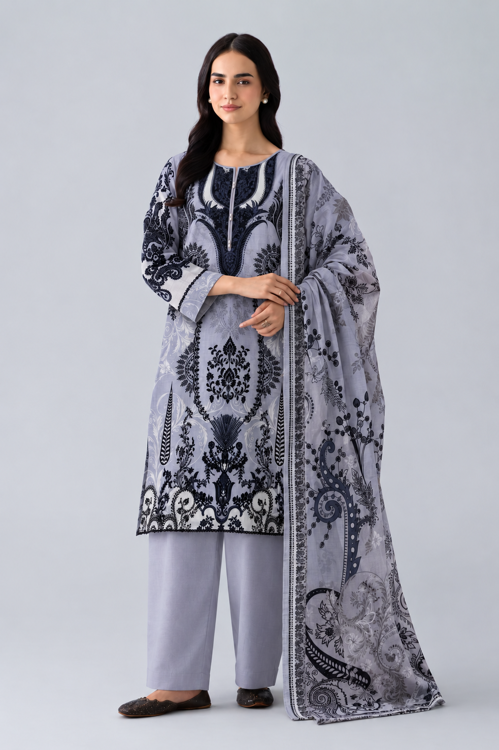 Basic Printed Lawn 3 PCS Suit Stitched Grey
