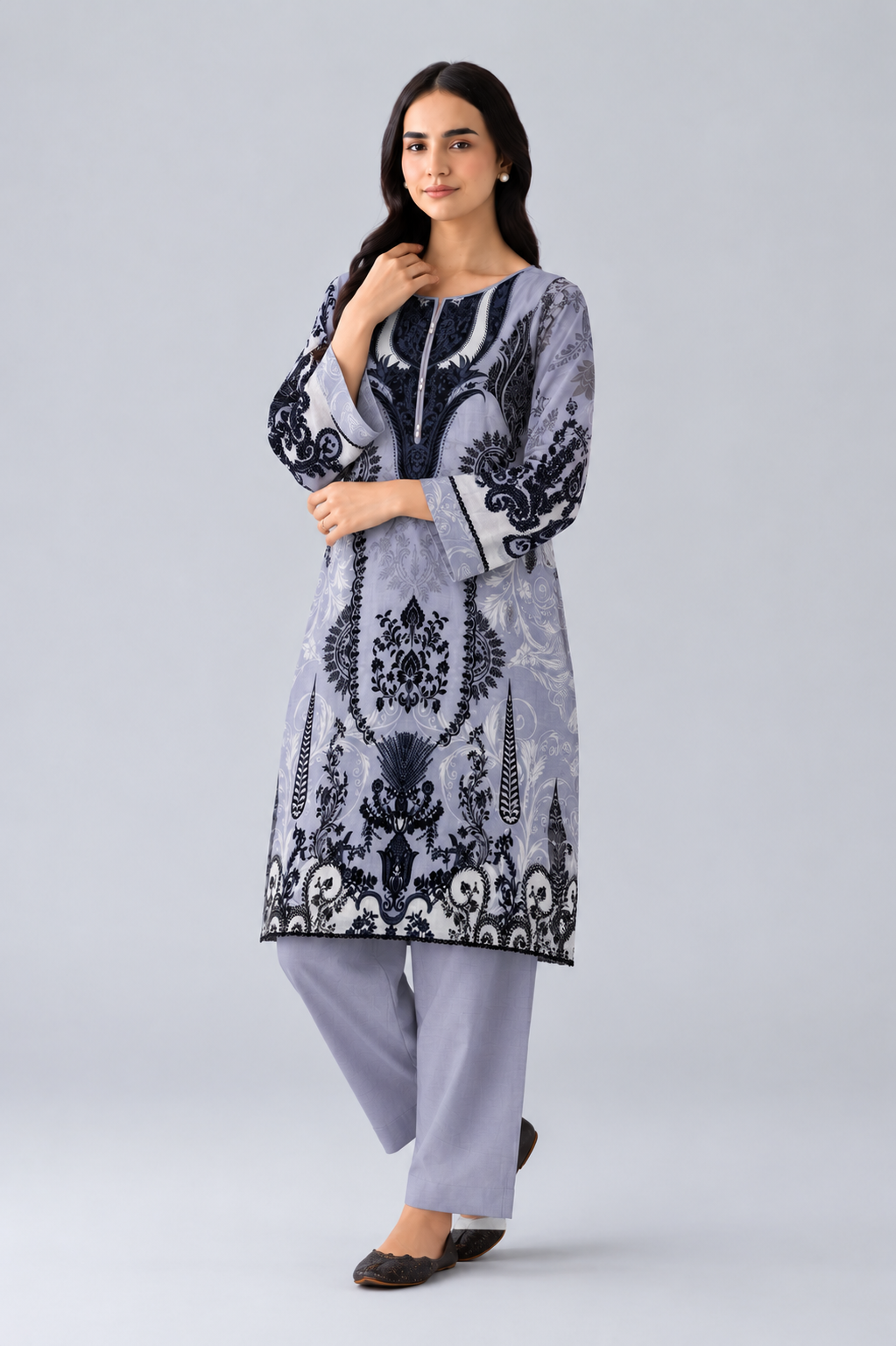 Basic Printed Lawn 3 PCS Suit Stitched Grey