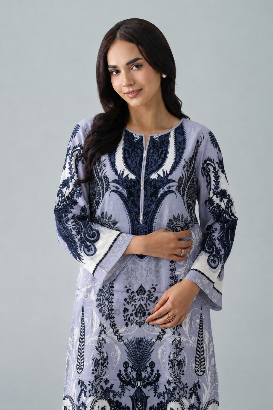 Basic Printed Lawn 3 PCS Suit Stitched Grey