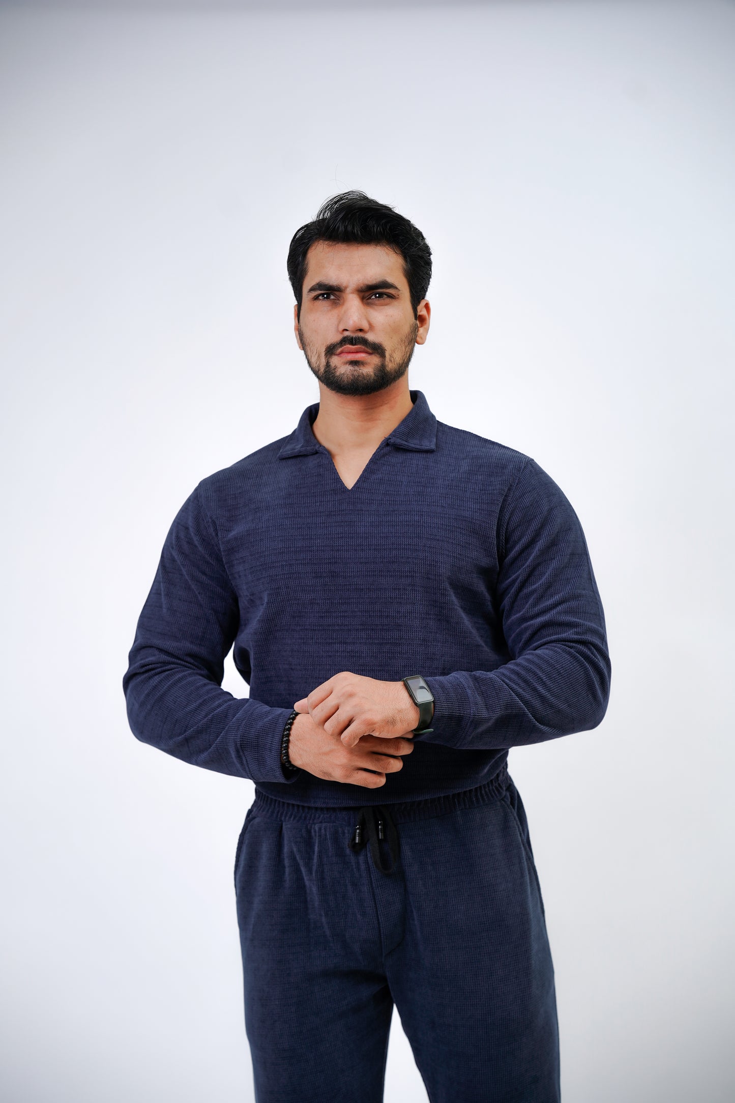 Men’s Long-Sleeve Knit Polo Shirt – Navy Blue
