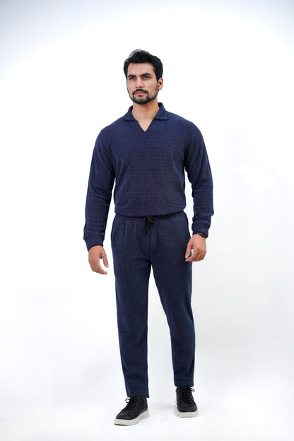 Men’s Long-Sleeve Knit Polo Shirt – Navy Blue