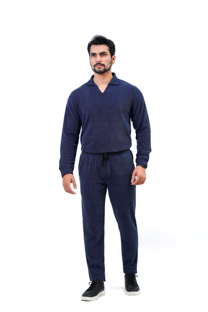 Men’s V-Neck Full Sleeve Polo Tracksuit – Navy Blue
