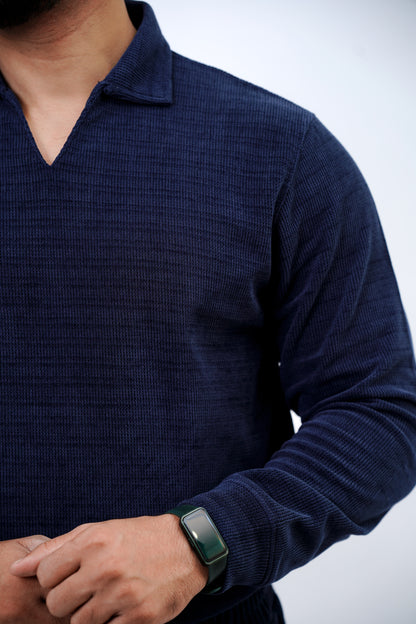 Men’s Long-Sleeve Knit Polo Shirt – Navy Blue