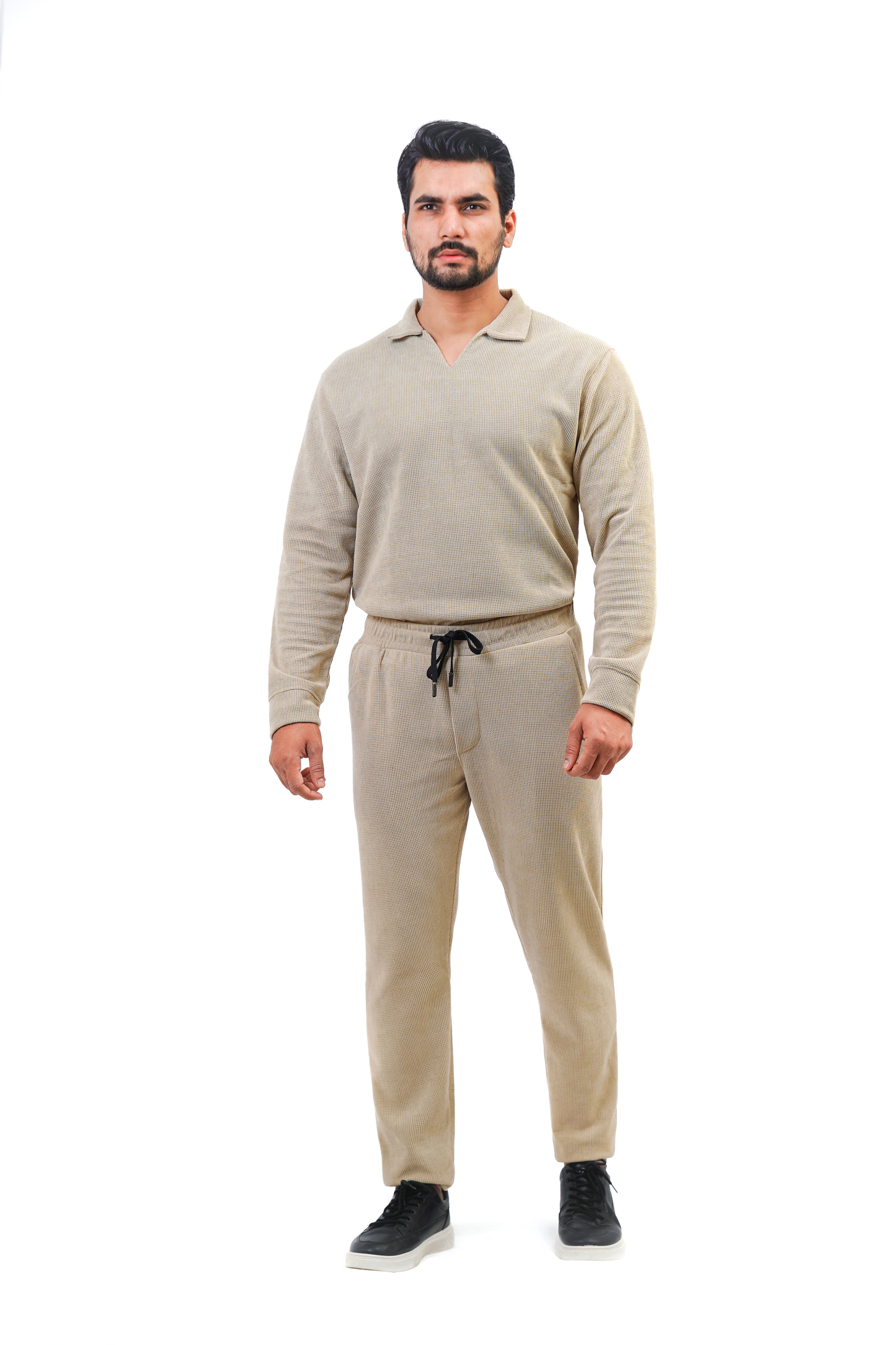 Men’s V-Neck Full Sleeve Polo Tracksuit – Beige